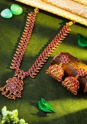 Gold-Plated Artificial Stones Studded & Beaded Temple Jewellery Set for Women | Traditional Temple Jewellery for Wedding & Festive Wear | Gift for Her