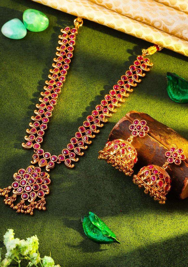 Gold-Plated Artificial Stones Studded & Beaded Temple Jewellery Set for Women | Traditional Temple Jewellery for Wedding & Festive Wear | Gift for Her - Indya