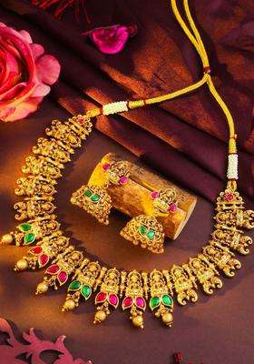 Gold-Plated Artificial Stones Studded & Beaded Temple Jewellery Set for Women | Traditional Temple Jewellery for Wedding & Festive Wear | Gift for Her