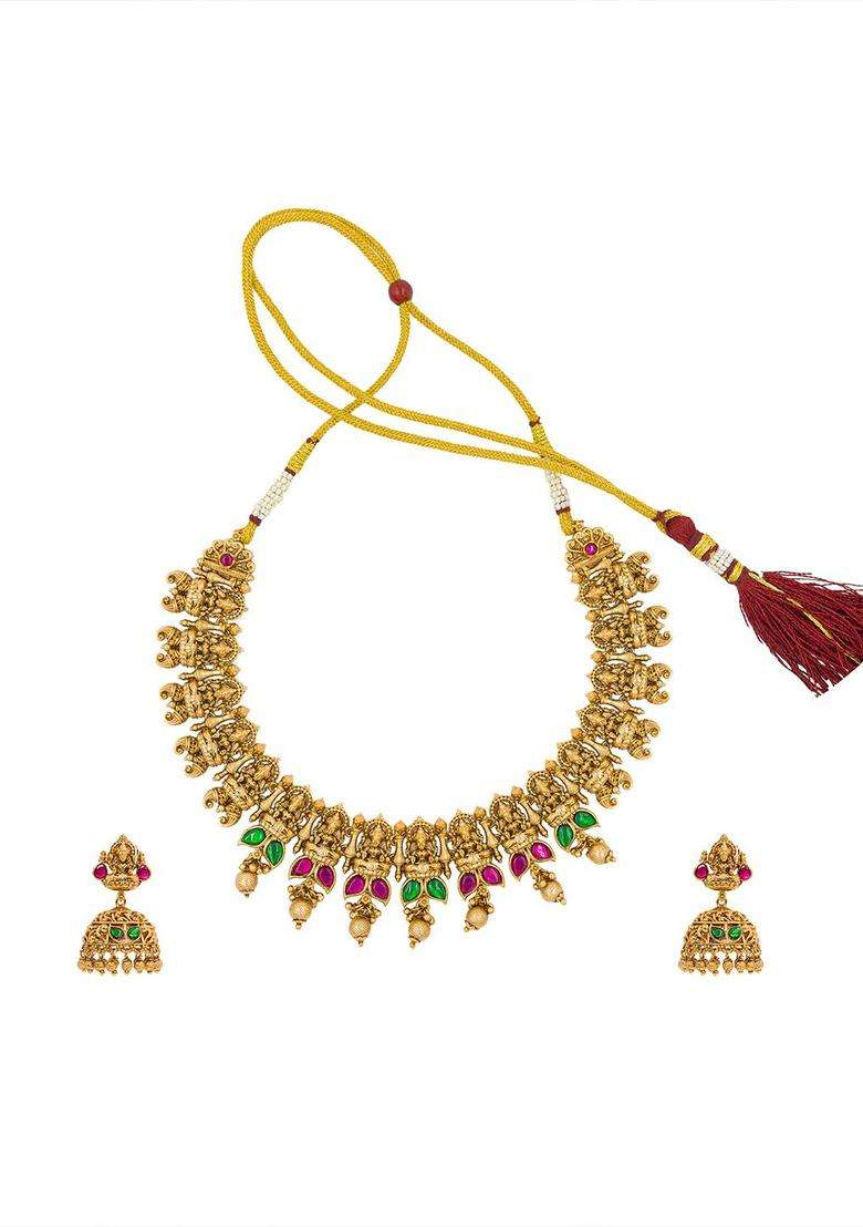 Gold-Plated Artificial Stones Studded & Beaded Temple Jewellery Set for Women | Traditional Temple Jewellery for Wedding & Festive Wear | Gift for Her - Indya