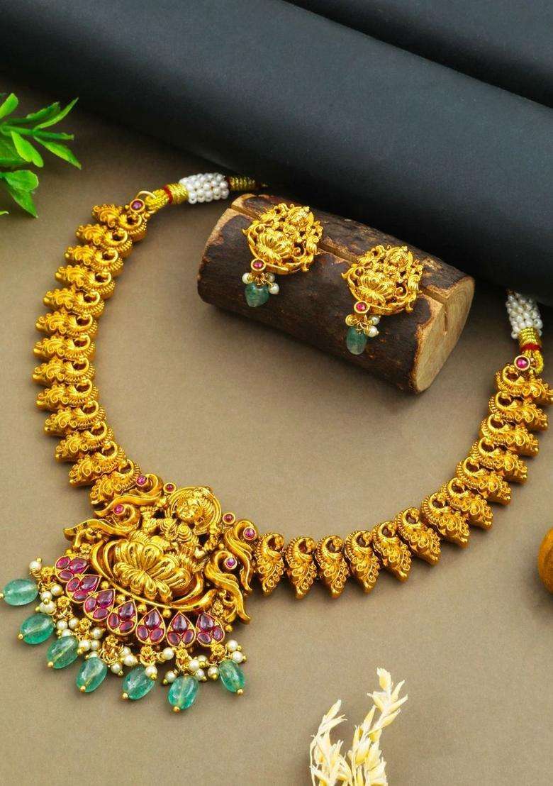 Gold-Plated Kundan-Studded & Pearls Beaded Jewellery Set for Women | Traditional Temple Jewellery for Wedding & Festive Wear | Gift for Her - Indya