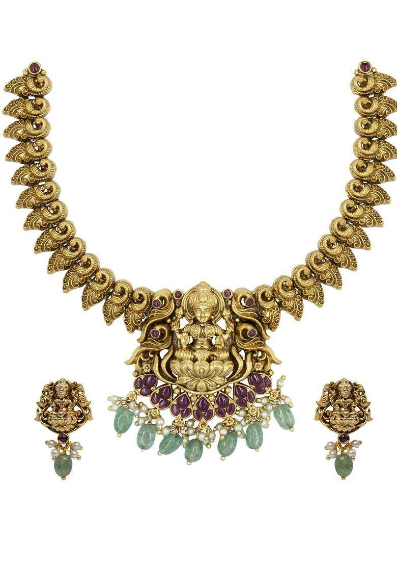 Gold-Plated Kundan-Studded & Pearls Beaded Jewellery Set for Women | Traditional Temple Jewellery for Wedding & Festive Wear | Gift for Her - Indya