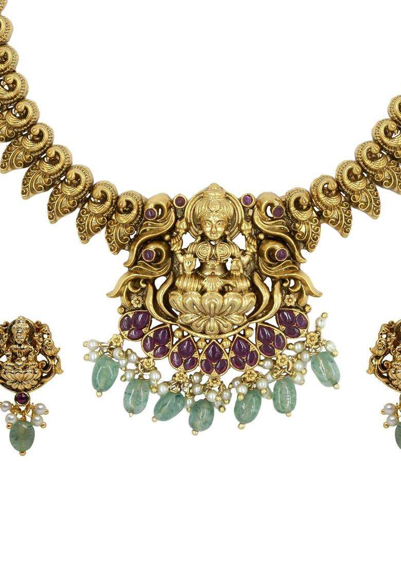 Gold-Plated Kundan-Studded & Pearls Beaded Jewellery Set for Women | Traditional Temple Jewellery for Wedding & Festive Wear | Gift for Her - Indya