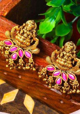 Gold-Plated Artificial Stones and Beaded Contemporary Drop Earrings for Women | Traditional Temple Jewellery for Wedding & Festive Wear | Gift for Her