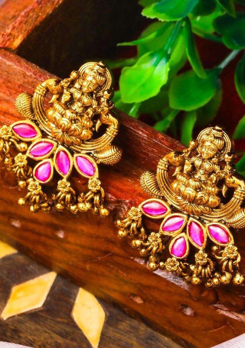 Gold-Plated Artificial Stones and Beaded Contemporary Drop Earrings for Women | Traditional Temple Jewellery for Wedding & Festive Wear | Gift for Her - Indya