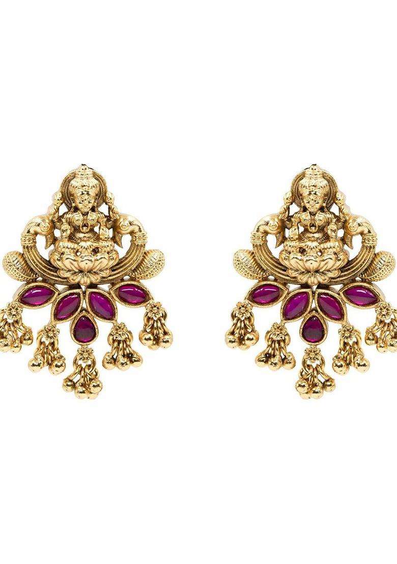 Gold-Plated Artificial Stones and Beaded Contemporary Drop Earrings for Women | Traditional Temple Jewellery for Wedding & Festive Wear | Gift for Her - Indya