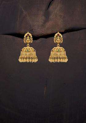 Gold-Plated Artificial Stones and Beaded Dome Shaped Drop Earrings for Women | Traditional Temple Jewellery for Wedding & Festive Wear | Gift for Her