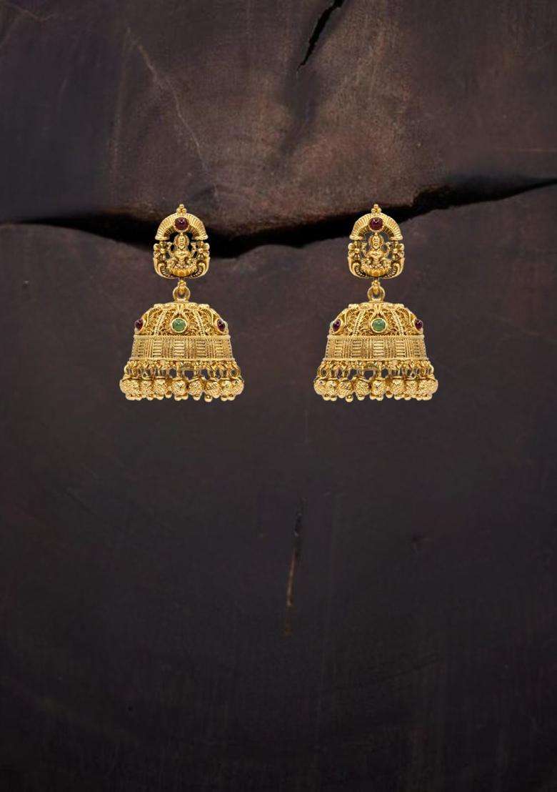 Gold-Plated Artificial Stones and Beaded Dome Shaped Drop Earrings for Women | Traditional Temple Jewellery for Wedding & Festive Wear | Gift for Her - Indya