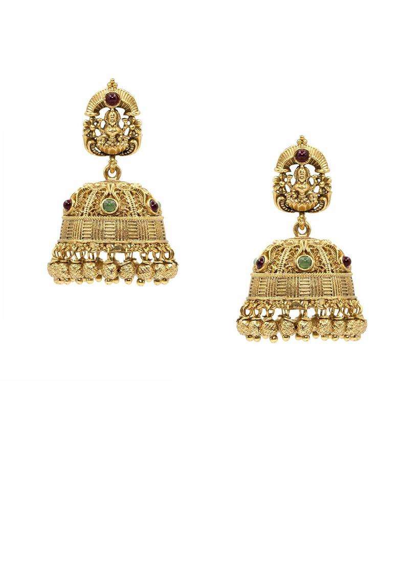 Gold-Plated Artificial Stones and Beaded Dome Shaped Drop Earrings for Women | Traditional Temple Jewellery for Wedding & Festive Wear | Gift for Her - Indya