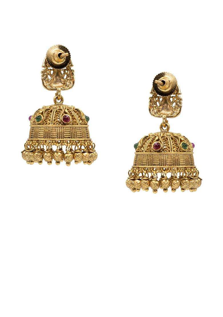 Gold-Plated Artificial Stones and Beaded Dome Shaped Drop Earrings for Women | Traditional Temple Jewellery for Wedding & Festive Wear | Gift for Her - Indya