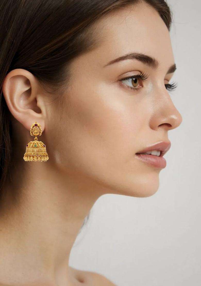 Gold-Plated Artificial Stones and Beaded Dome Shaped Drop Earrings for Women | Traditional Temple Jewellery for Wedding & Festive Wear | Gift for Her - Indya