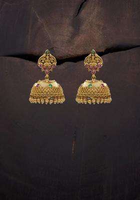 Gold-Plated Artificial Stones and Beaded Dome Shaped Drop Earrings for Women | Traditional Temple Jewellery for Wedding & Festive Wear | Gift for Her