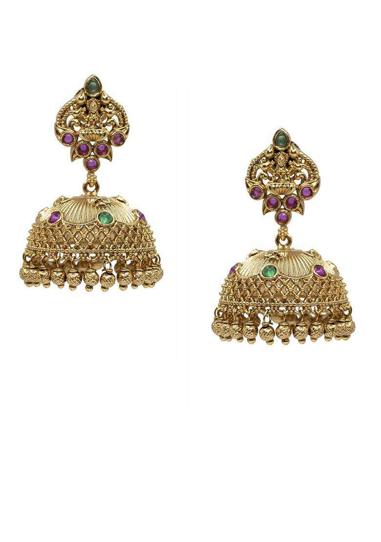 Gold-Plated Artificial Stones and Beaded Dome Shaped Drop Earrings for Women | Traditional Temple Jewellery for Wedding & Festive Wear | Gift for Her - Indya