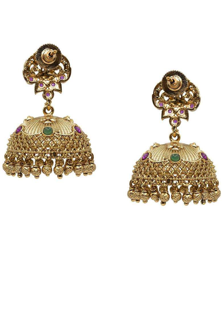 Gold-Plated Artificial Stones and Beaded Dome Shaped Drop Earrings for Women | Traditional Temple Jewellery for Wedding & Festive Wear | Gift for Her - Indya