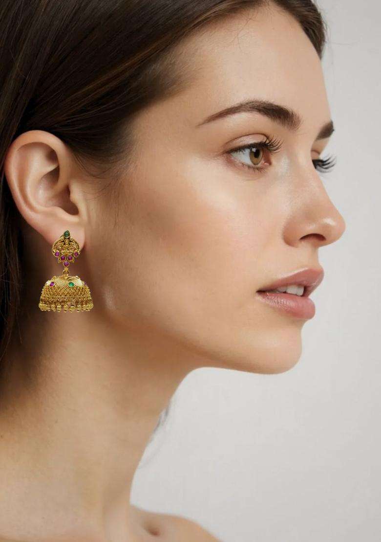 Gold-Plated Artificial Stones and Beaded Dome Shaped Drop Earrings for Women | Traditional Temple Jewellery for Wedding & Festive Wear | Gift for Her - Indya