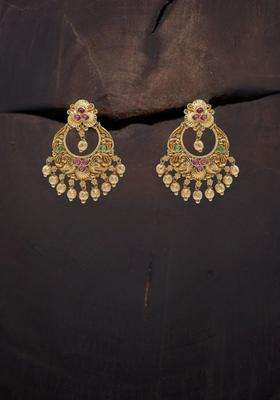 Gold-Plated Artificial Stones and Beaded Crescent Shaped Chandbalis for Women | Traditional Temple Jewellery for Wedding & Festive Wear | Gift for Her