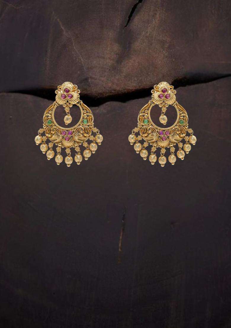 Gold-Plated Artificial Stones and Beaded Crescent Shaped Chandbalis for Women | Traditional Temple Jewellery for Wedding & Festive Wear | Gift for Her - Indya