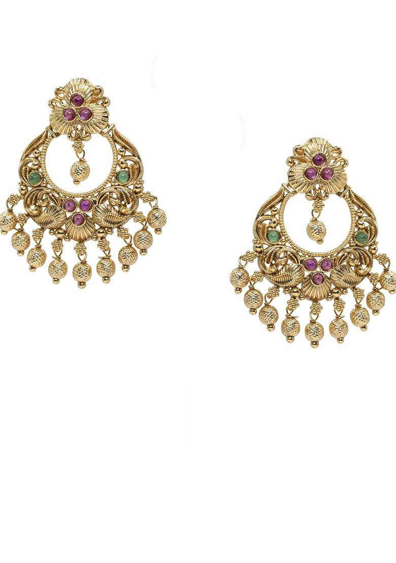 Gold-Plated Artificial Stones and Beaded Crescent Shaped Chandbalis for Women | Traditional Temple Jewellery for Wedding & Festive Wear | Gift for Her - Indya
