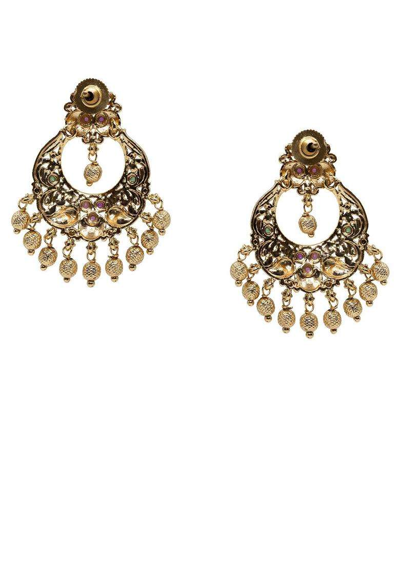 Gold-Plated Artificial Stones and Beaded Crescent Shaped Chandbalis for Women | Traditional Temple Jewellery for Wedding & Festive Wear | Gift for Her - Indya