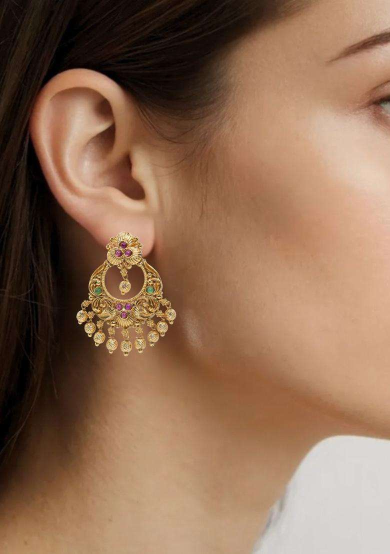 Gold-Plated Artificial Stones and Beaded Crescent Shaped Chandbalis for Women | Traditional Temple Jewellery for Wedding & Festive Wear | Gift for Her - Indya