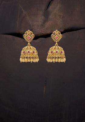 Gold-Plated Artificial Stones and Beaded Dome Shaped Drop Earrings for Women | Traditional Temple Jewellery for Wedding & Festive Wear | Gift for Her