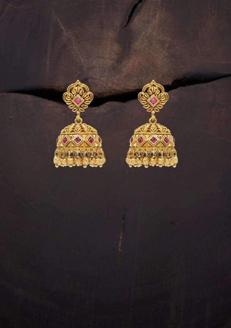 Gold-Plated Artificial Stones and Beaded Dome Shaped Drop Earrings for Women | Traditional Temple Jewellery for Wedding & Festive Wear | Gift for Her - Indya
