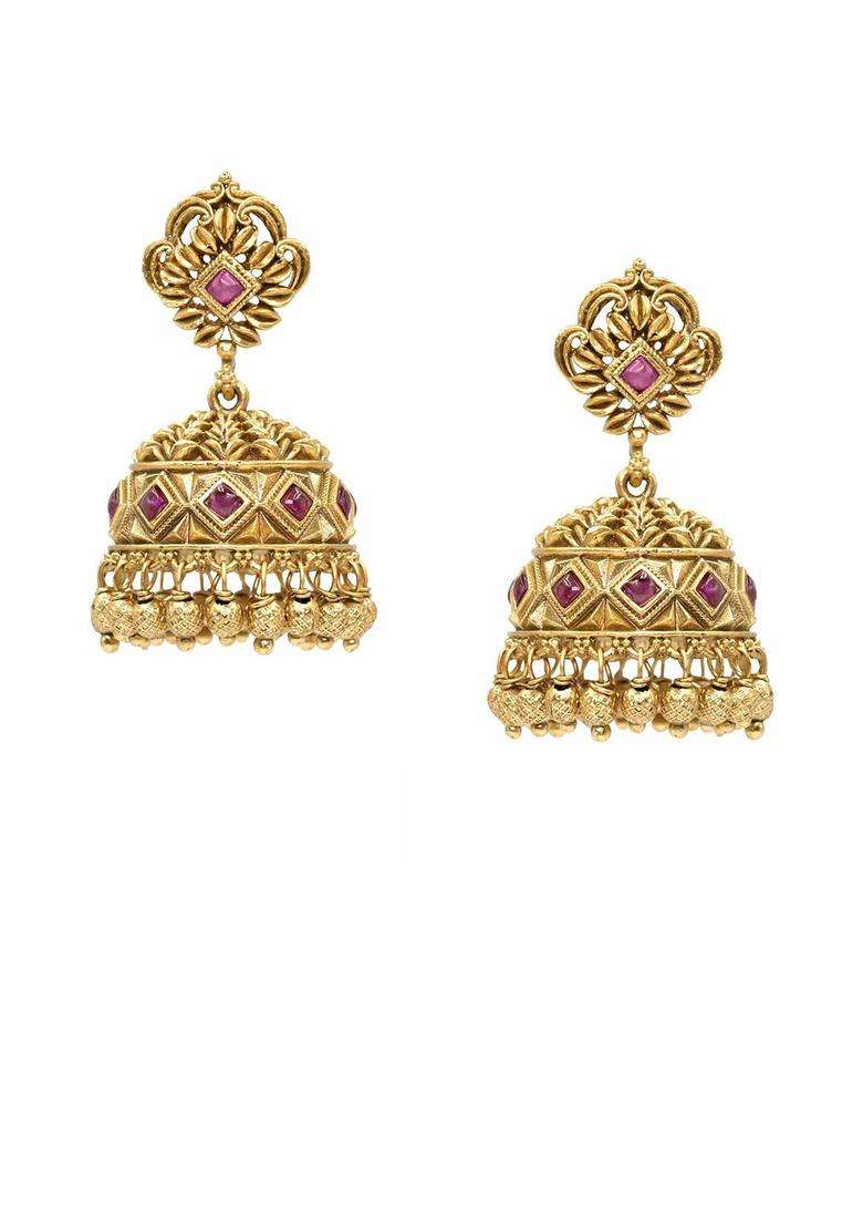 Gold-Plated Artificial Stones and Beaded Dome Shaped Drop Earrings for Women | Traditional Temple Jewellery for Wedding & Festive Wear | Gift for Her - Indya