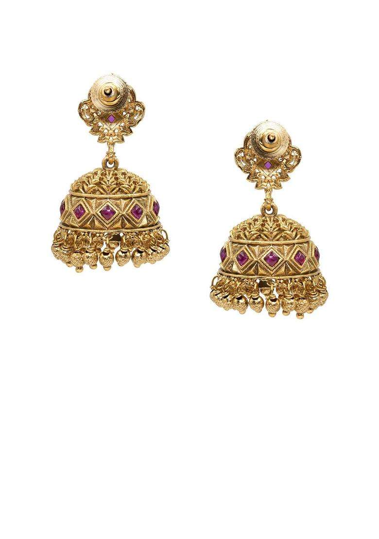 Gold-Plated Artificial Stones and Beaded Dome Shaped Drop Earrings for Women | Traditional Temple Jewellery for Wedding & Festive Wear | Gift for Her - Indya