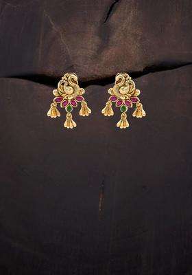 Gold-Plated Artificial Stones and Beaded Drop Earrings for Women | Traditional Temple Jewellery for Wedding & Festive Wear | Gift for Her