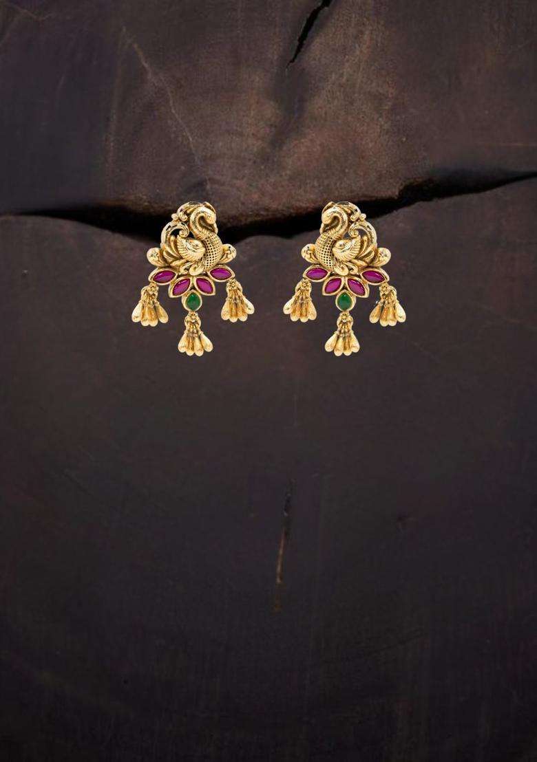 Gold-Plated Artificial Stones and Beaded Drop Earrings for Women | Traditional Temple Jewellery for Wedding & Festive Wear | Gift for Her - Indya