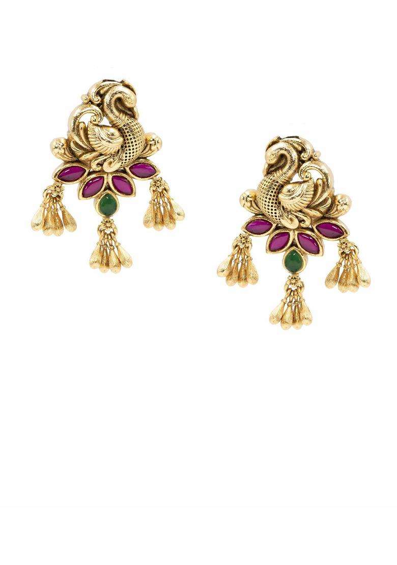 Gold-Plated Artificial Stones and Beaded Drop Earrings for Women | Traditional Temple Jewellery for Wedding & Festive Wear | Gift for Her - Indya