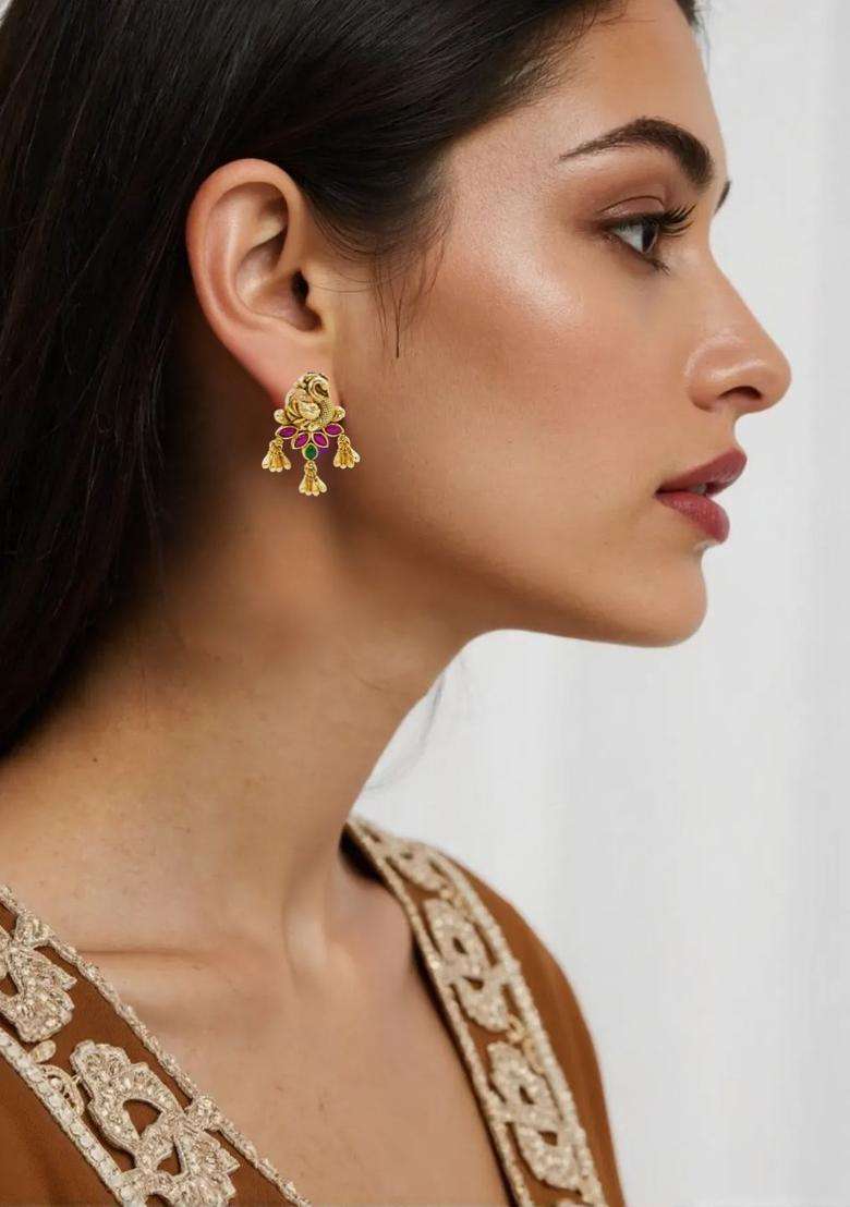 Gold-Plated Artificial Stones and Beaded Drop Earrings for Women | Traditional Temple Jewellery for Wedding & Festive Wear | Gift for Her - Indya