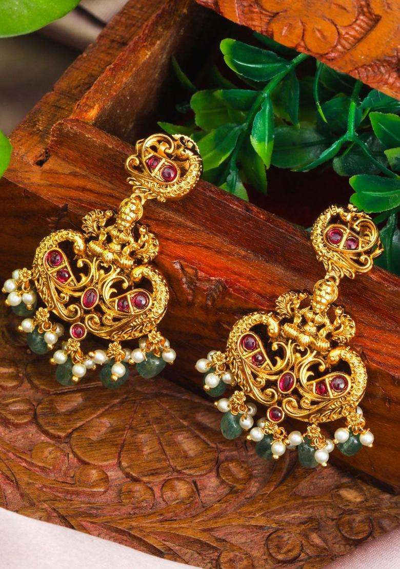 Gold-Plated Artificial Stones and Beaded Contemporary Chandbalis for Women | Traditional Temple Jewellery for Wedding & Festive Wear | Gift for Her - Indya