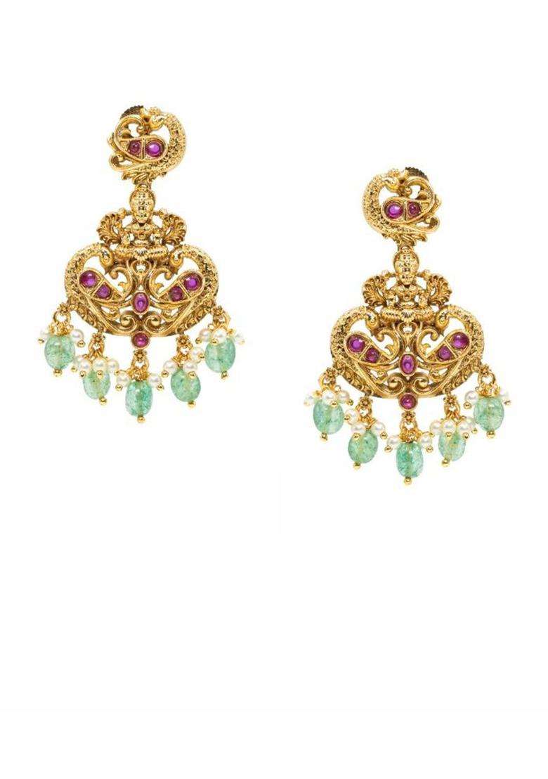 Gold-Plated Artificial Stones and Beaded Contemporary Chandbalis for Women | Traditional Temple Jewellery for Wedding & Festive Wear | Gift for Her - Indya