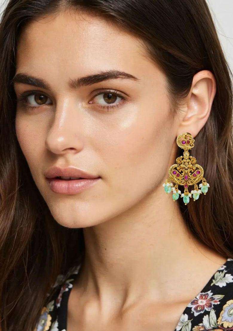 Gold-Plated Artificial Stones and Beaded Contemporary Chandbalis for Women | Traditional Temple Jewellery for Wedding & Festive Wear | Gift for Her - Indya