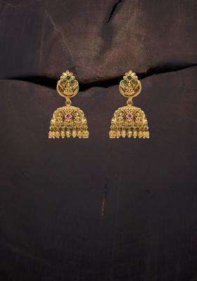 Gold-Plated Artificial Stones & Beads Temple Contemporary Jhumkas for Women | Traditional Temple Jewellery for Wedding & Festive Wear | Gift for Her