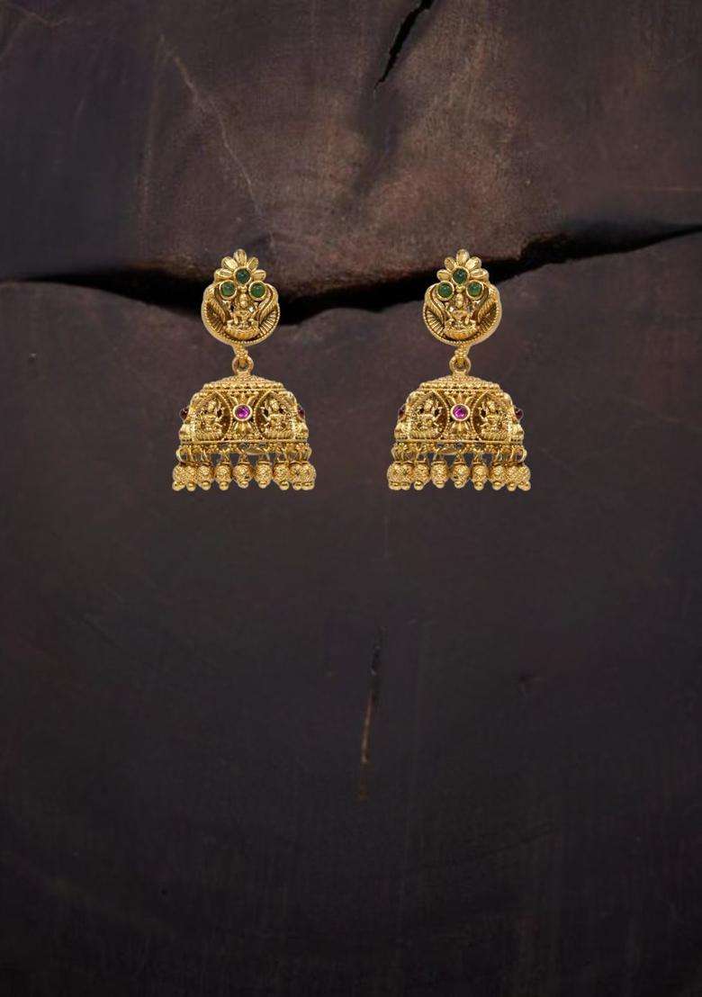 Gold-Plated Artificial Stones & Beads Temple Contemporary Jhumkas for Women | Traditional Temple Jewellery for Wedding & Festive Wear | Gift for Her - Indya