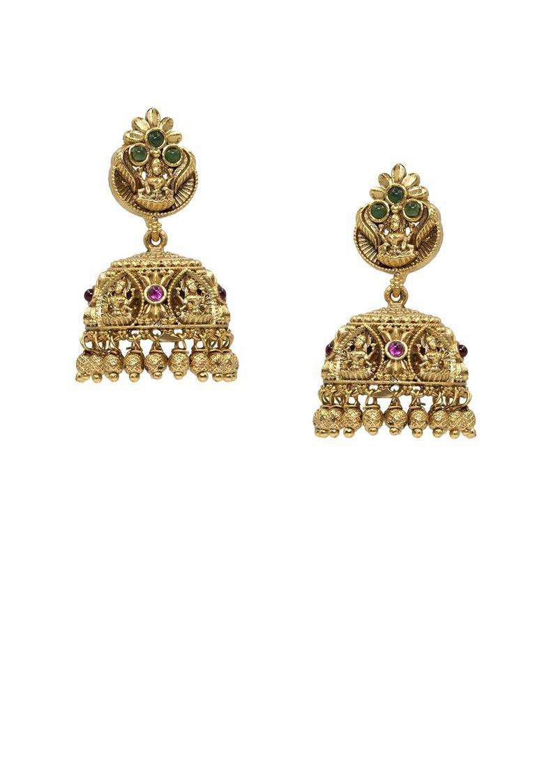 Gold-Plated Artificial Stones & Beads Temple Contemporary Jhumkas for Women | Traditional Temple Jewellery for Wedding & Festive Wear | Gift for Her - Indya