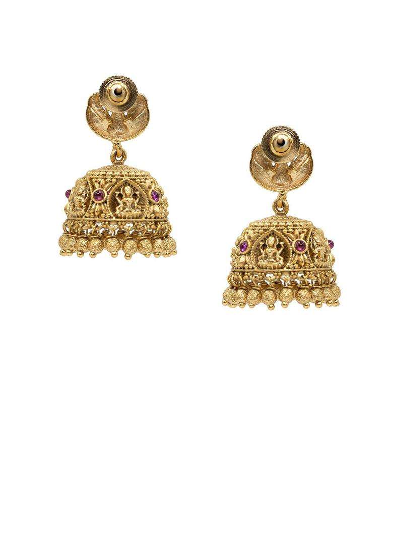 Gold-Plated Artificial Stones & Beads Temple Contemporary Jhumkas for Women | Traditional Temple Jewellery for Wedding & Festive Wear | Gift for Her - Indya