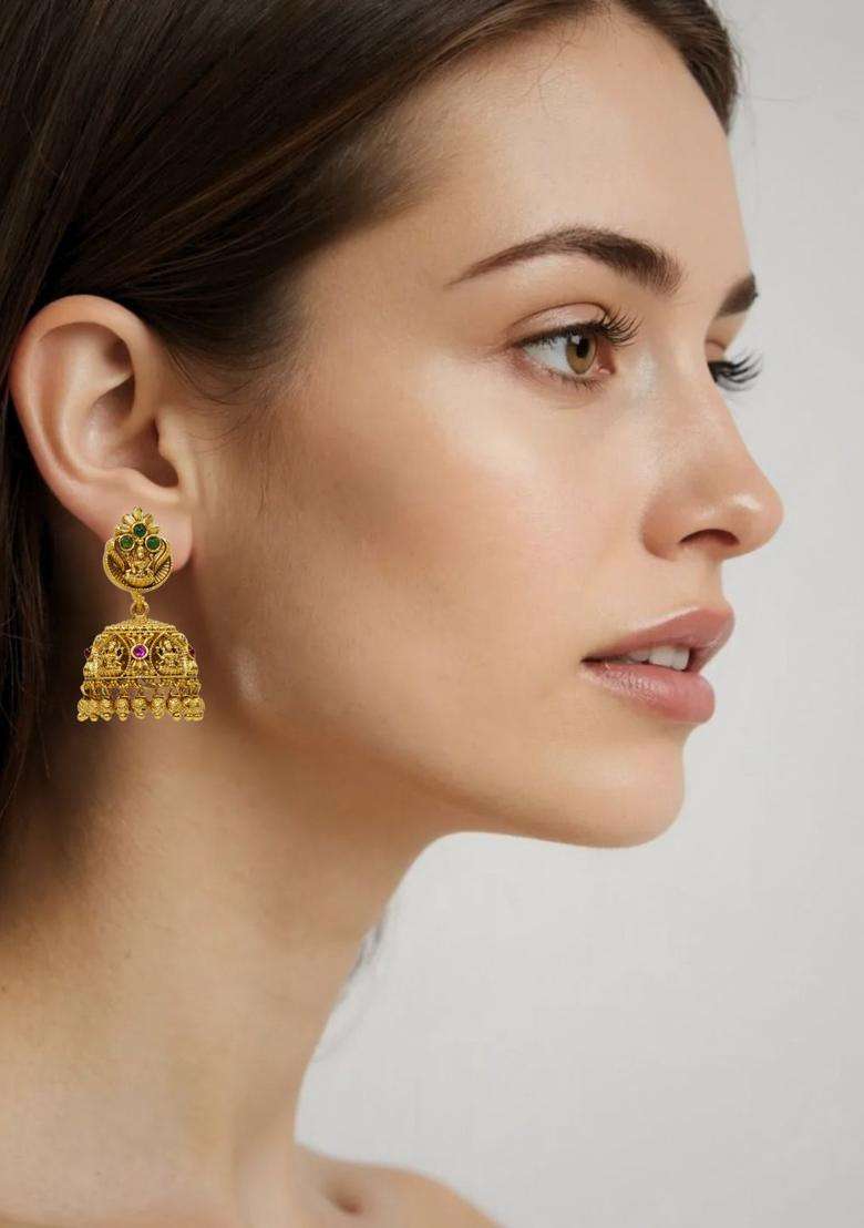Gold-Plated Artificial Stones & Beads Temple Contemporary Jhumkas for Women | Traditional Temple Jewellery for Wedding & Festive Wear | Gift for Her - Indya