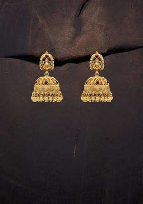 Gold-Plated Artificial Stones & Beads Temple Contemporary Jhumkas for Women | Traditional Temple Jewellery for Wedding & Festive Wear | Gift for Her