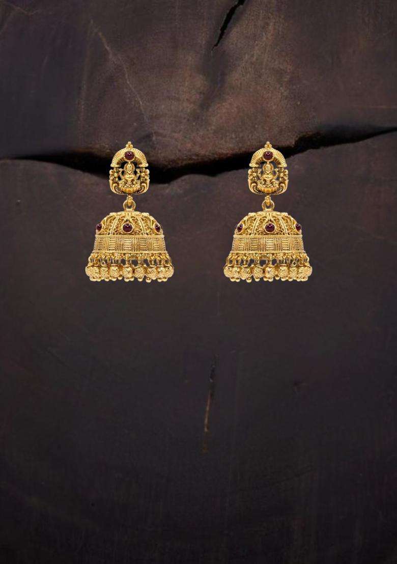 Gold-Plated Artificial Stones & Beads Temple Contemporary Jhumkas for Women | Traditional Temple Jewellery for Wedding & Festive Wear | Gift for Her - Indya