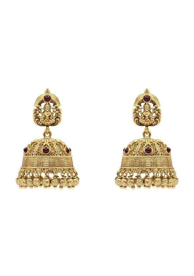 Gold-Plated Artificial Stones & Beads Temple Contemporary Jhumkas for Women | Traditional Temple Jewellery for Wedding & Festive Wear | Gift for Her - Indya