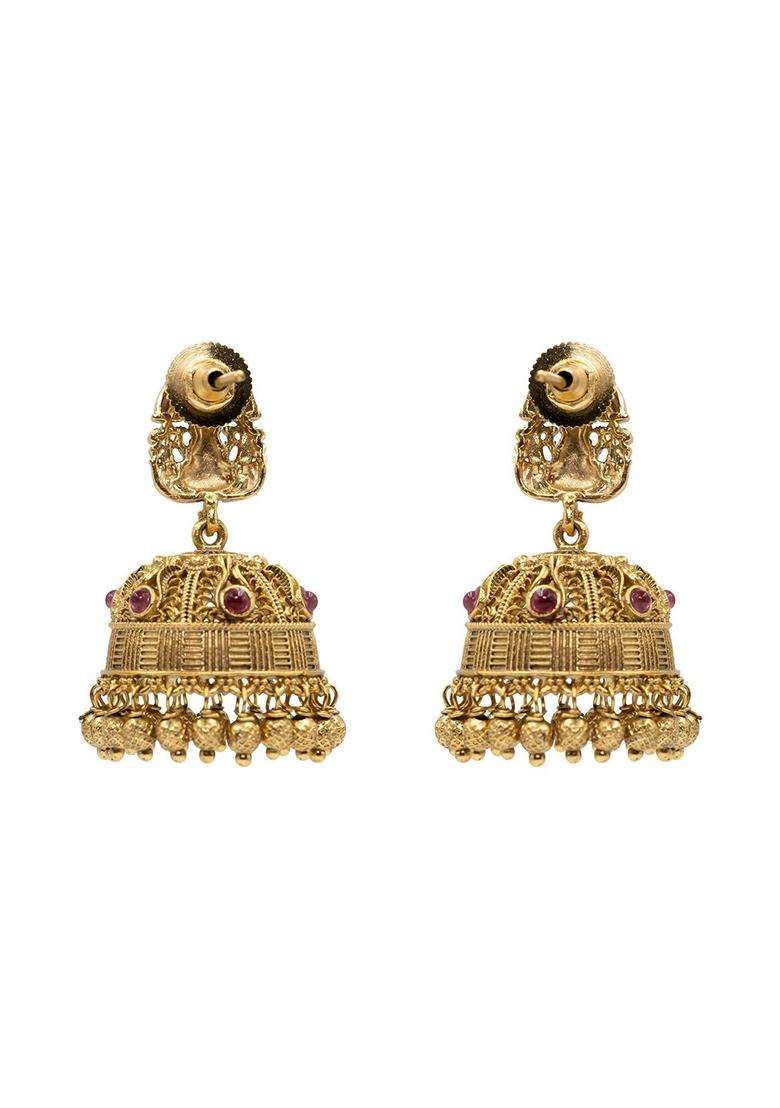 Gold-Plated Artificial Stones & Beads Temple Contemporary Jhumkas for Women | Traditional Temple Jewellery for Wedding & Festive Wear | Gift for Her - Indya