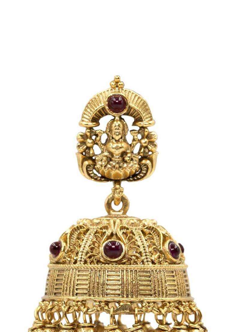 Gold-Plated Artificial Stones & Beads Temple Contemporary Jhumkas for Women | Traditional Temple Jewellery for Wedding & Festive Wear | Gift for Her - Indya