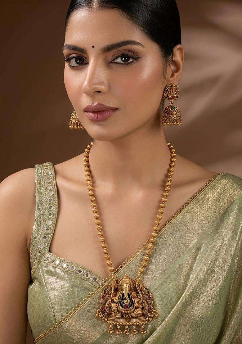 Gold-Plated Long Mala Ganesh Jii Necklace Set with Earrings for Women | Traditional Temple Jewellery for Wedding & Festive Wear | Gift for Her - Indya