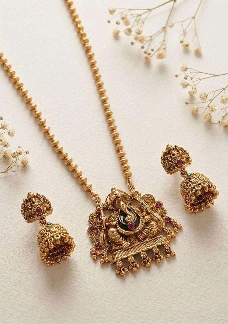 Gold-Plated Long Mala Ganesh Jii Necklace Set with Earrings for Women | Traditional Temple Jewellery for Wedding & Festive Wear | Gift for Her - Indya