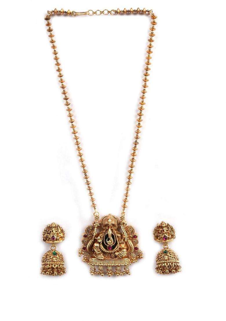 Gold-Plated Long Mala Ganesh Jii Necklace Set with Earrings for Women | Traditional Temple Jewellery for Wedding & Festive Wear | Gift for Her - Indya