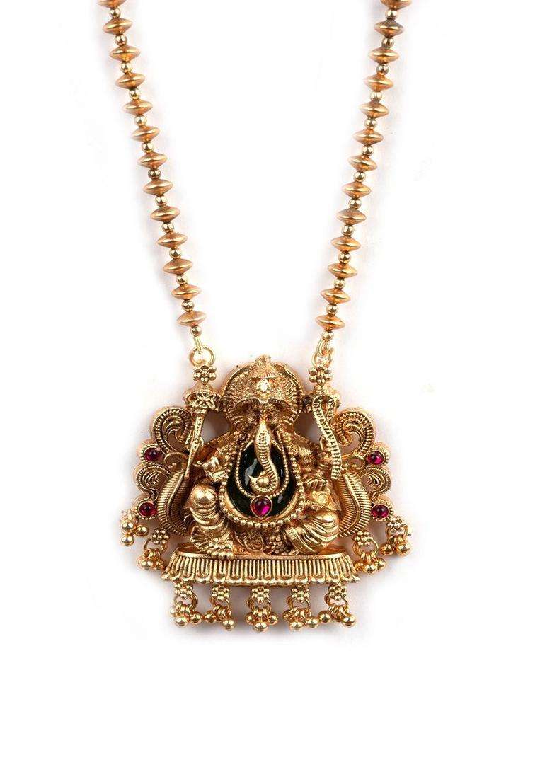Gold-Plated Long Mala Ganesh Jii Necklace Set with Earrings for Women | Traditional Temple Jewellery for Wedding & Festive Wear | Gift for Her - Indya