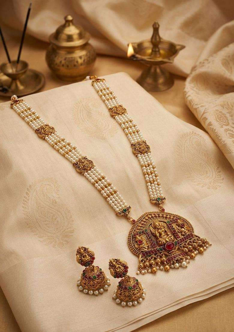 Gold-Plated Temple Stone-Studded Necklace and Earrings for Women | Traditional Temple Jewellery for Wedding & Festive Wear | Gift for Her - Indya